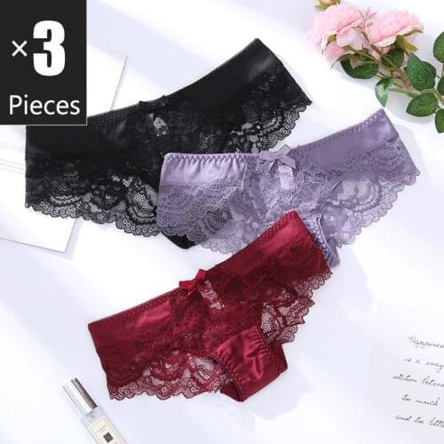 3pcs/lot Womens Panties Sets Low Waist Lace Transparent Sexy Briefs Embroidery Women Underwear Plus Size Black Purple Underpant