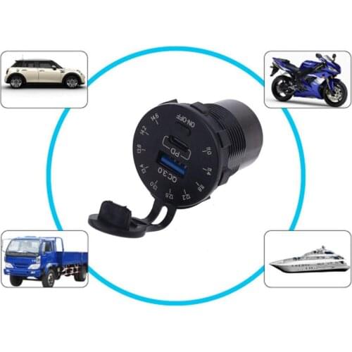 Waterproof 12V Quick Charge QC3.0 USB 18W Type C PD Car Charger with LED Voltmeter ON OFF Switch for SUV Motorcycle Marine Boat