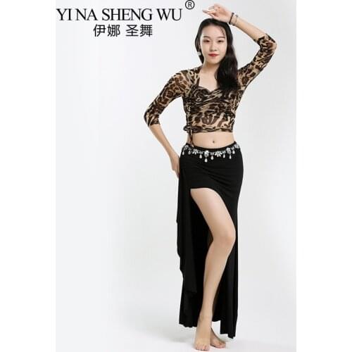 Women Oriental Practice Wear Professional Oriental Dance Belly Dance Costume Leopard Top Split Long Skirt Suit Outfit Clothes