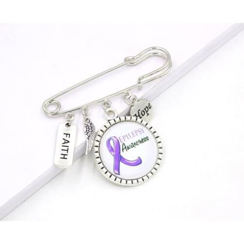 10PCS Wholesale Purple Ribbon Cancer Brooch Pin Faith Hope Epilepsy Awareness Pin Brooch Safety Pins for Women Men