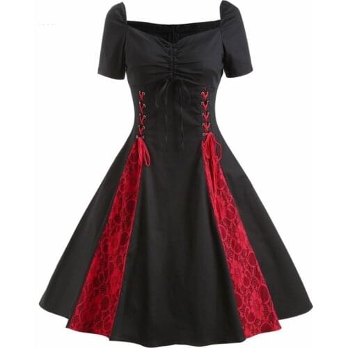 3XL 4XL Plus Size Womens clothing 2019 Summer Women Vintage Black Red Lace Up Dress Ruched Gothic Tunic Rockabilly Dresses
