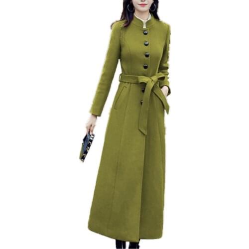 X-long wool blends coat women stand collar autumn winter slim long overcoat plus size 3XL