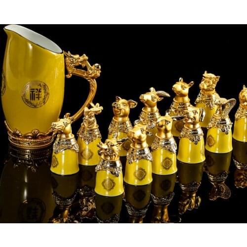 Zodiac White Wine Glasses Set Chinese Creative Antique Ceramic Distillers Hip flask Wine Cup Set Gift Box Combination 13 PCS
