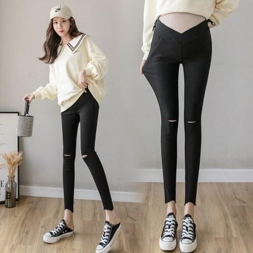 8272# Maternity Pants Low Waist Hole Spring Autumn Support Abdomen Elastic Waist Belly Support Pants Maternity Trousers