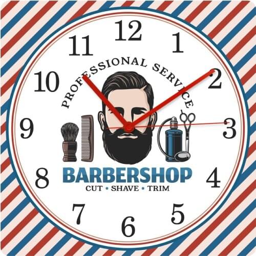 Barbershop Barber Pole Pattern Mute Square Wall Hanging Clock Hairbrush Armchair Brushing Cutting Store Decorative Clocks Watch
