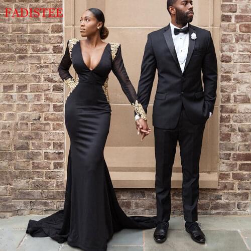 Black Muslim Prom Dresses Sexy Satin Mermaid Prom Party Dress Vestidos De Festa Longo Long Sleeves V-neck Gold Appliques Lace