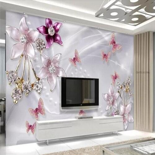 Custom wallpapers elegant and elegant diamond flower jewelry wall decoration - high quality silk fabric