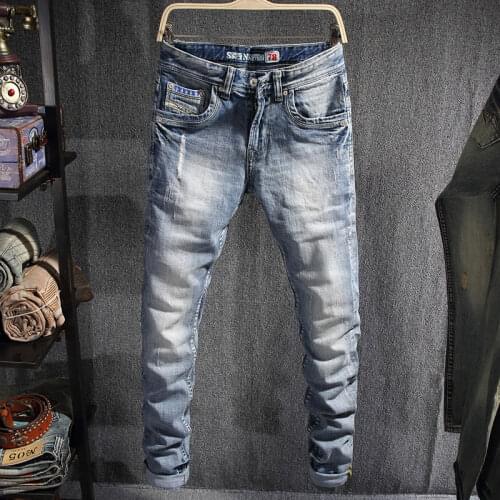 European Vintage Fashion Men Jeans Retro Light Blue Elastic Slim Fit Ripped Jeans Men Korean Designer Casual Denim Pencil Pants