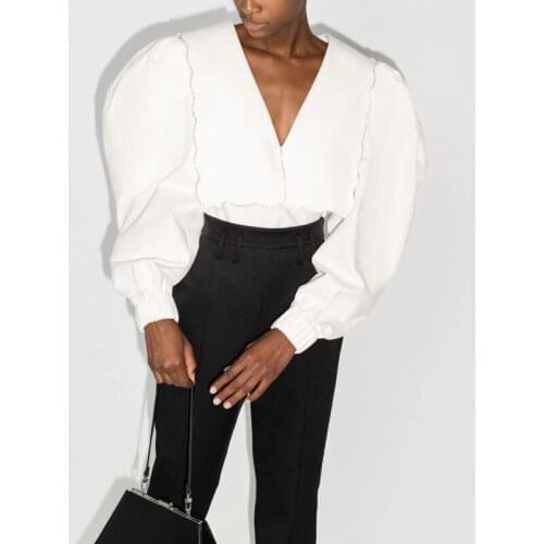 Industry 10.24 Patchwork Heavy Diamonds Puff Sleeve White Shirt Women Fashion Temperament V-neck Short Blouse 2021 New