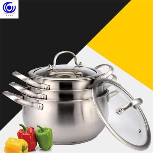 Thickened bottom stainless steel soup pot with double handle glass cover induction gas cooker non-stick it mouth 18/20/22/24 cm