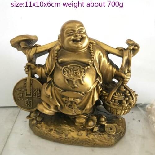 Chinese Buddhism Brass yuanbao Money Coin Ruyi Wealth Maitreya Buddha Statue