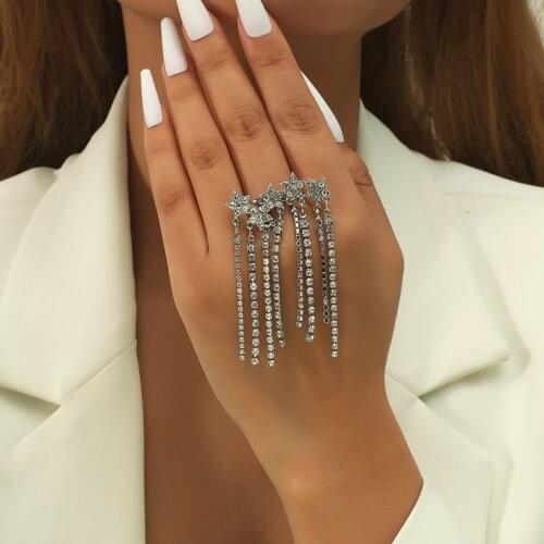 New Romantic Star Finger Rings for Women Girl Adjustable Long Tassel Rhinestone Ring Bridal Wedding Party Jewelry Gift