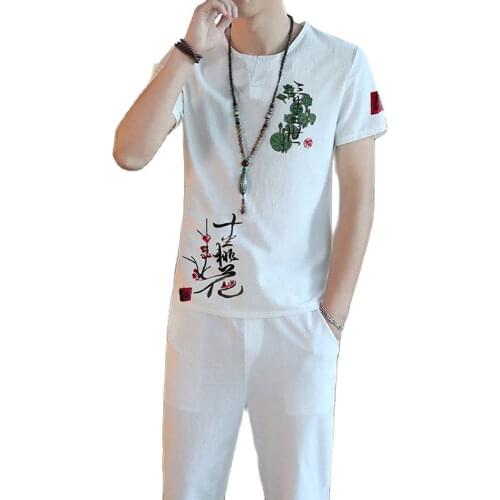 Summer Chinese Style Retro Embroidery Mens Short-sleeved Seven points pants Suit 2 Pieces Sets Cotton and Linen Fabrics