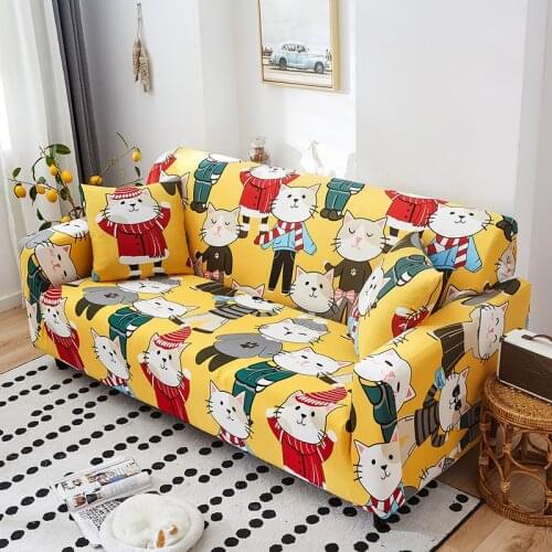 Cute Cat Stretch Sofa Cover Elastic Slipcoversfor Living Room Sectional Corner Chair Protector Couch 1/2/3/4 Seater
