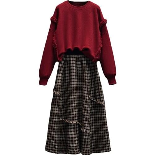 2021 Winter New Women Party Skirt Street Suit 2-Piece Set Vintage Wool Pleated Plaid Skirt High Waist Long Skirt O-Neck Sweater
