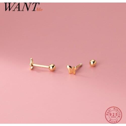 WANTME 925 Sterling Silver Minimalism Cute Insect Butterfly Mini Small Bead Stud Earrings Teen Girls Party Chic Piercing Jewelry