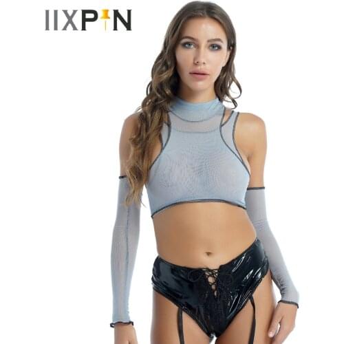 Womens Sexy Streetwear High Neck See-through Mesh Tank Crop Top with Sleeveless Vest Sleeves Party Nightclub Festival Clubwear