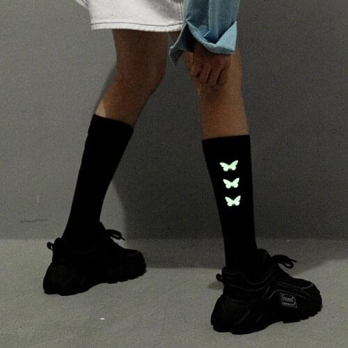 New Butterfly Socks Women Night Bright Streetwear Harajuku Crew Socks Long Woman Light Funny Sock Lingerie Black EU Size 35-40