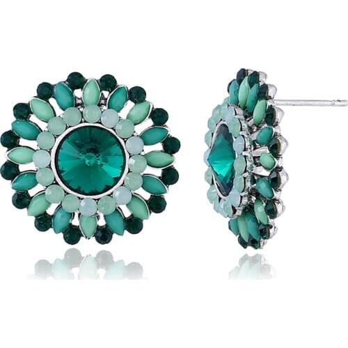 Hot Green Rhinestone Hollow Round Light Blue Crystal Stud Earrings for Women Girls Bohemia Fashion Geometric Earrings Jewelry