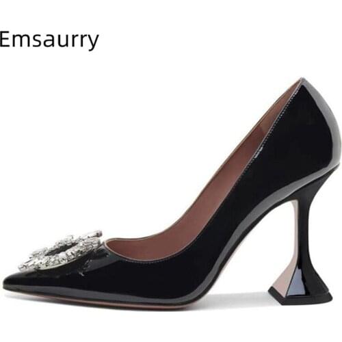 Unique Goblet Heel Women Pumps Sexy Pointed Toe Luxury Satin Shallow Shoes Crystal Sunflower Buckle Dress Shoes Woman