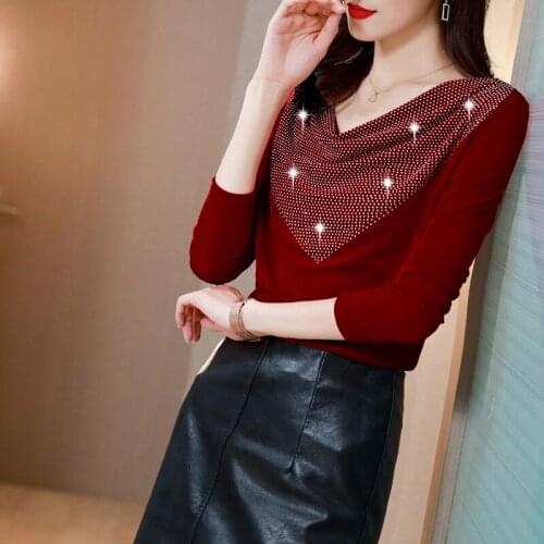 TingYiLi Beaded Cowl Neck Long Sleeve Tops Women Spring Autumn Red Green Black Top
