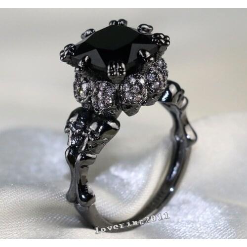 Punk Jewelry Cool Skull Ring 10kt Black Gold Filled 8MM AAA CZ Simulated stones Wedding Prong Women Band Ring Gift Size 5-11