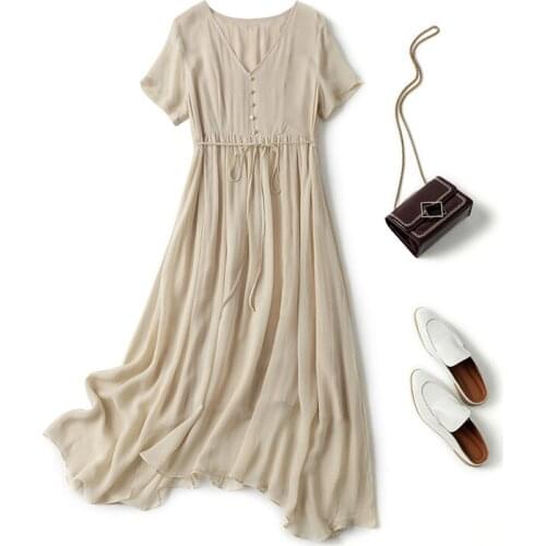 New Summer autumn Solid Color Waist Closing looks thin slim Irregular Mulberry Silk Dress lady Short Sleeve long skirt one-piece