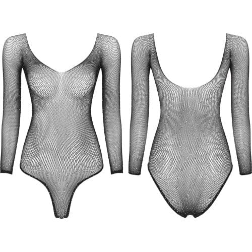Womens Ladies Rhinestone See-through Mesh Skinny Bodysuit for Lingerie Party Shiny Long Sleeve Fishnet Leotard Exotic Teddies