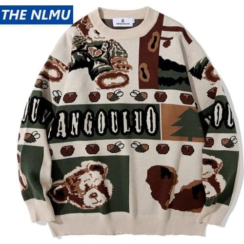 2021 Winter Vintage Knitted Pullover Jumper Sweaters Streetwear Hip Hop Bear Print O-neck Loose Knitwear Sweater Tops WE149