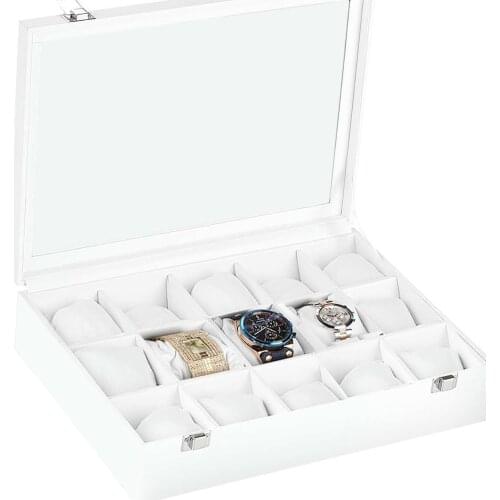 Wood Leather Plated 15 Compartments White Watch Box