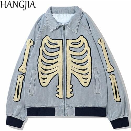 Hip-hop Loose Skulls Flocking Denim Baseball Uniform European and American Streetwear Embroidery Denim Jacket for Men Black Blue