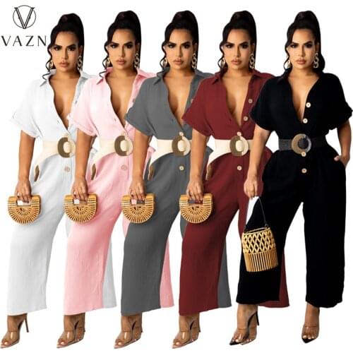 VAZN 2021 High-end Young Elegant Jumpsuit Sexy Fashion Short Sleeve Solid Loose Pants Office V-neck Jumpsuits