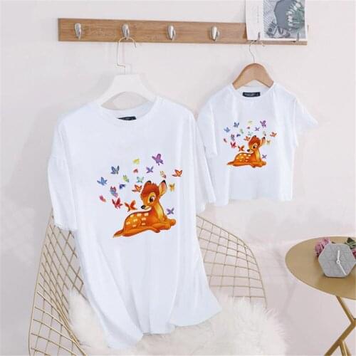 Cartoon Disney Bambi T shirt Women Harajuku Cute Kawaii Summer Casual Family Look Outfits Fashion Children Tops