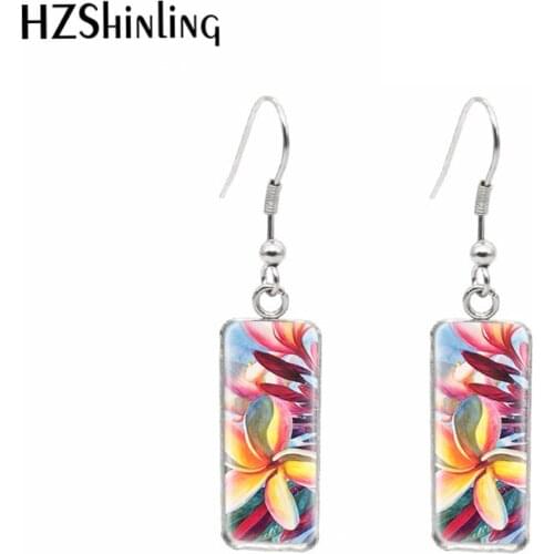 Hawaiian Plumeria art Paintings Tropical Flower Rectangular Hook Dangle Drop Earrings Glass Cabochon Crafts Jewelry
