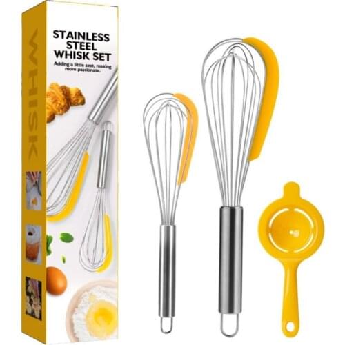 3Pcs Set 430 Stainless Steel PP Multi-function Manual Eggbeater Household Mixer Cream Pamper Egg Tools Eggbeater Set Yellow