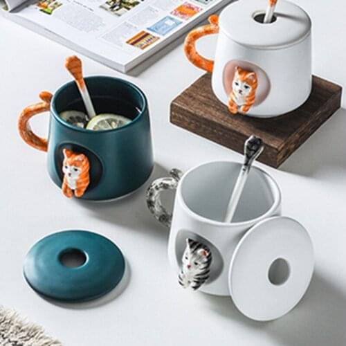 Creative Cute Cartoon Ceramic Mugs Animal Cat Coffee Milk Tea Juice Office Cup with Spoon Ceramic Lid
