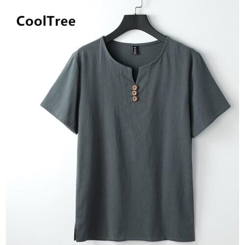 CoolTree Men Linen T-shirts Summer Breathable Solid color buckle Short sleeve T shirts Male Loose Casual Tees Plus Size M-9XL