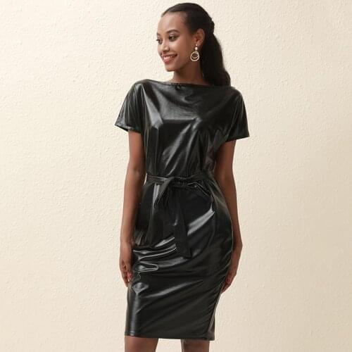 New Hot Sale Women Fashion Leather A-Line O-Neck Black Dress Casual Short Sleeve Sexy PU Dress S-XXL