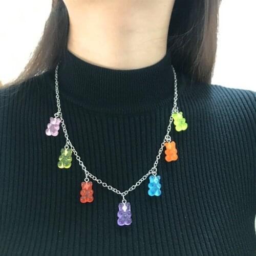 7 Colors Rainbow Cute Jelly Bear Gummy Necklaces for Women Girls Cool Punk Girl Hip Hop Resin Necklaces Womens Accessories