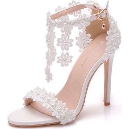 Women sandals wedding Party Lace PU Rhinestones Buckle Strap 11CMThin High heels Round Toe sandal women shoes 2020 size 35-42