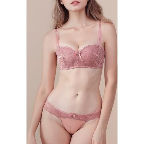 Sexy Lace Half Cup Bra Push Up Seamless Bra with Removable Straps Panty Set Underwear Women Lingerie Wireless Medium Padded