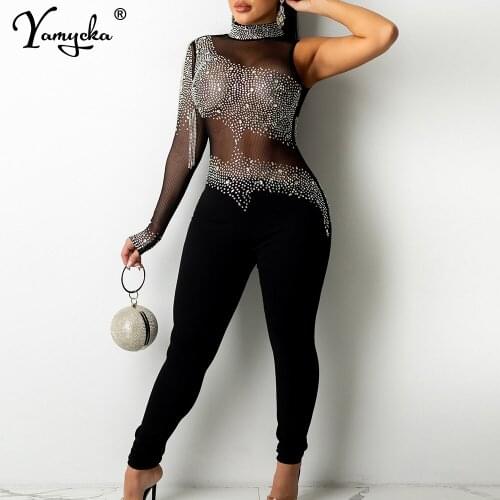 Sexy see through Rhinestone jumpsuit women summer elegance one piece party club outfits bodycon jumpsuits body bodysuit overalls