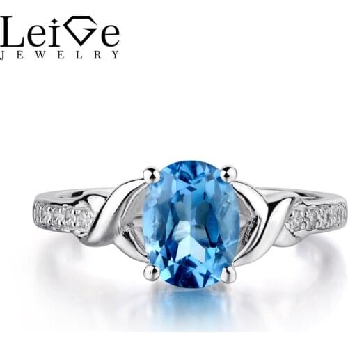 Leige Jewelry Swiss Blue Topaz Ring Oval Shaped Engagement Promise Rings for Women 925 Sterling Silver Blue Gemstone Jewelry
