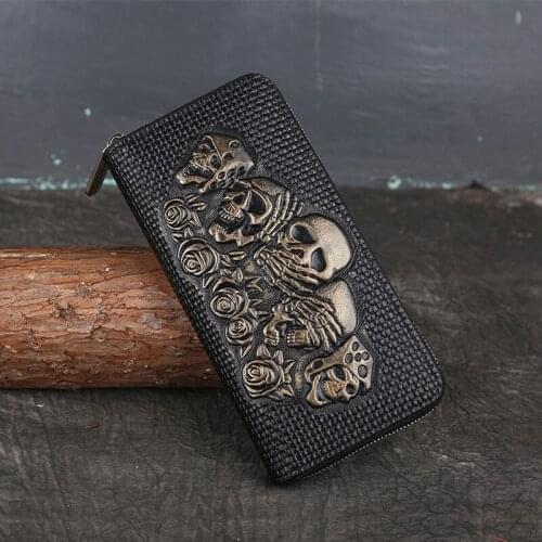 Genuine Leather Women Wallets Men Skull Pattern Purses Vintage Cowhide Money Coin Pocket Long Wallets Female Clutch Bag Cartera