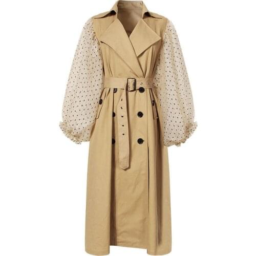 Fashion Brand Dot Mesh Puff Jacket Women Long Sleeve Patchwork Windbreaker Female Classic Double Breasted Long Type Coat Vestido