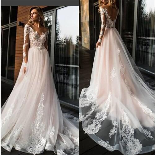 Pink A-Line Bridal Wedding Dresses 2020 Elegant Lace V-Neck Romantic Dubai Bride Gown Vestidos de novia Middle East Arabic Gowns