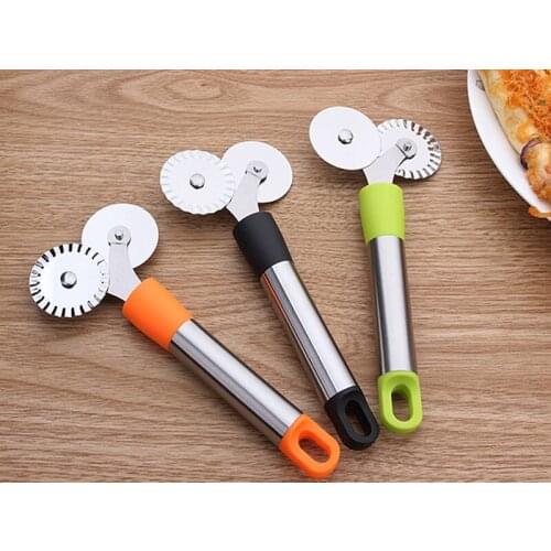 100pcs/lot Double Roller Pizza Knife Cutter Stainless Steel Pastry Pasta Dough Crimper Round Hob Lace Wheel Knife Kitchen tools