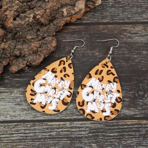 2021 Wholesale New Christmas Creative Christmas Tree Letter Pu Earrings Double-sided Printing Leopard Pattern Leather Earrings