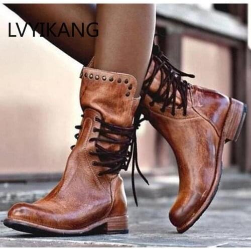 Women mid-calf matin boots ladies chaussure girl vintage PU leather booties shoes woman warm lace up