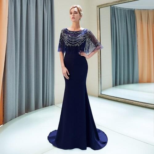 Elegant Womens Crystal Prom Scop Neckline Mermaid Beaded Long Navy Blue Long Party Dresses 2019
